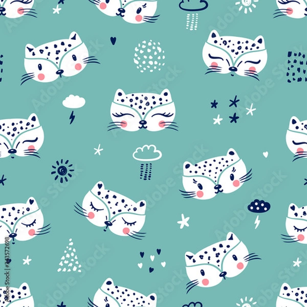 Obraz Little Cute leopard Cats with different design elements Seamless Pattern for kids. Doodle kitten face. Cat head. Cartoon Animal Vector illustration in Scandinavian style