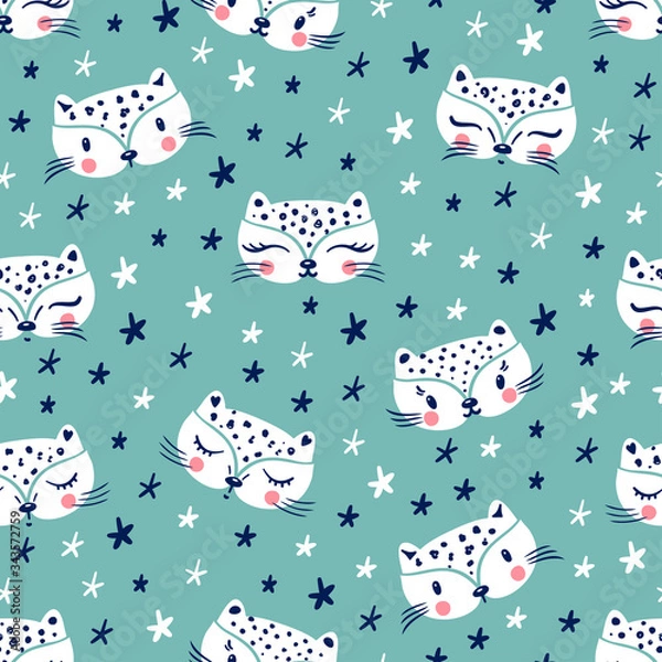 Fototapeta Little Cute leopard Cats with Stars. Seamless Pattern for kids. Doodle kitten face. Cat head. Cartoon Animal Vector illustration in Scandinavian style
