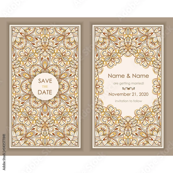 Fototapeta Wedding Invitation and save the date card Eastern style. Arabic  Pattern. Mandala ornament. Frame with flowers elements. Vector illustration.