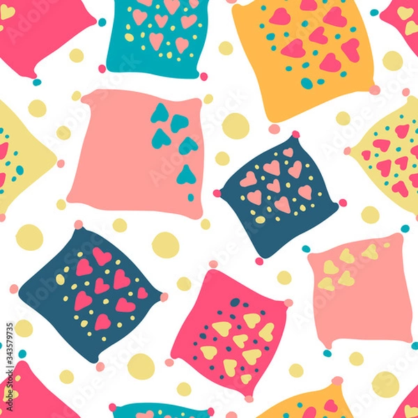 Fototapeta Seamless vector colorful pattern with abstract square cushion or pillow like shapes with hearts on a white background. The design is perfect for decorations, backgrounds, wrapping paper, cards.