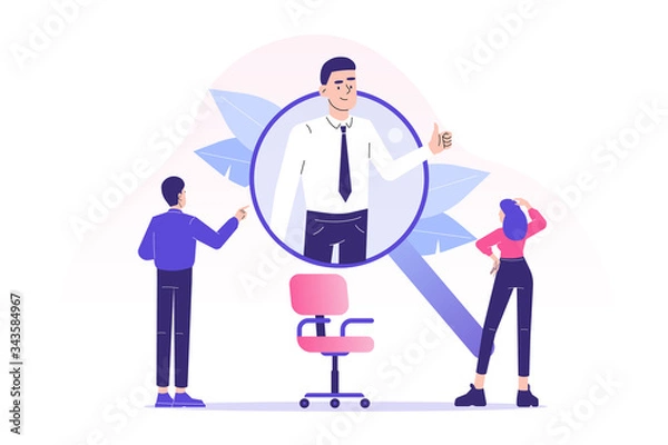 Fototapeta We are hiring concept. Young perfect candidate popping from big magnifier. Job hiring. Online recruitment and headhunting agency concept. Interview. Hiring employees. Web banner. Vector illustration 