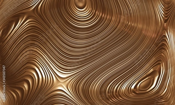 Fototapeta 3D rendering of an abstract gold, shiny, metallic background with wavy, swirl design. Illustration has futuristic, sleek, elegant, luxury style. Great for backdrops, banners, wallpapers and promotions