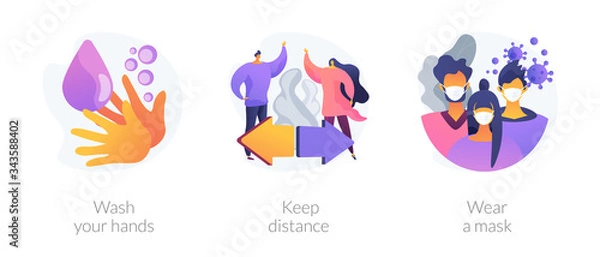 Fototapeta Prevent coronavirus spread abstract concept vector illustration set. Wash your hands, keep distance, wear a mask, virus exposure risk, social distancing, personal protection abstract metaphor.