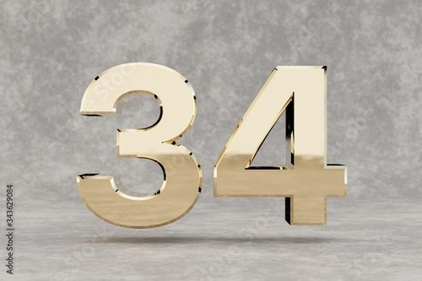 Fototapeta Gold 3d number 34. Glossy golden number on concrete background. 3d rendered digit.