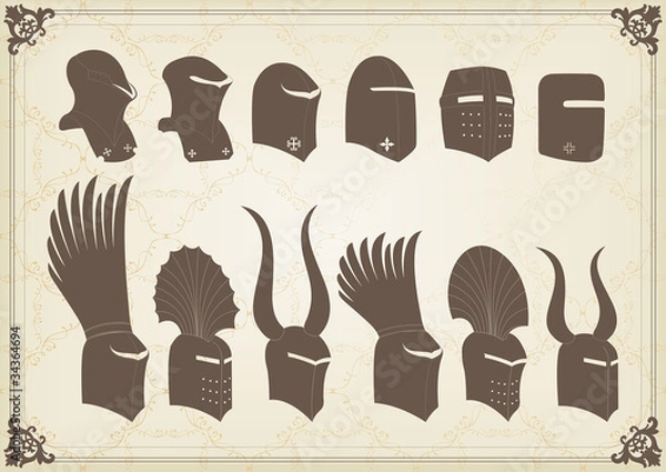 Obraz Vintage medieval knight helmets and elements vector