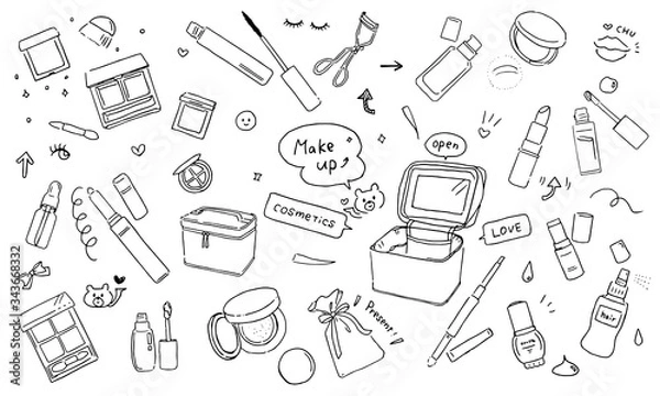 Obraz かわいいメイクアップツールの線画イラストセット