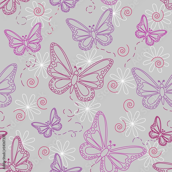 Fototapeta Seamless butterfly pattern in grey