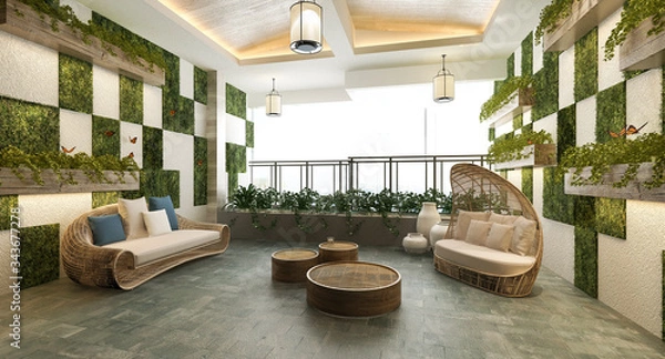Fototapeta 3d rendering living area near balcony and green wall plant