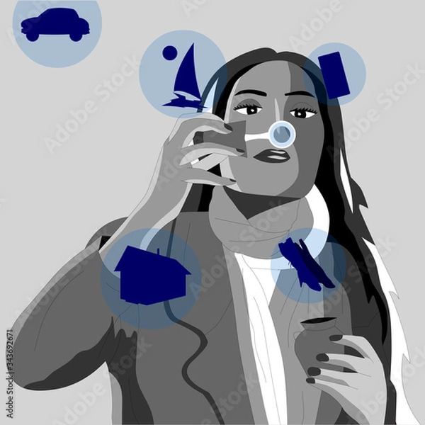 Fototapeta The girl blows soap bubbles, every bubble is a wish and a dream