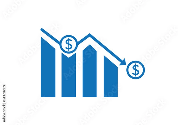 Fototapeta Dollar rate decrease vector line icon. Money symbol with down arrow. Lower cost icon. Financial crisis vector icon, Lower cost icon, Business lost crisis decrease vector illustration. Editable stroke.