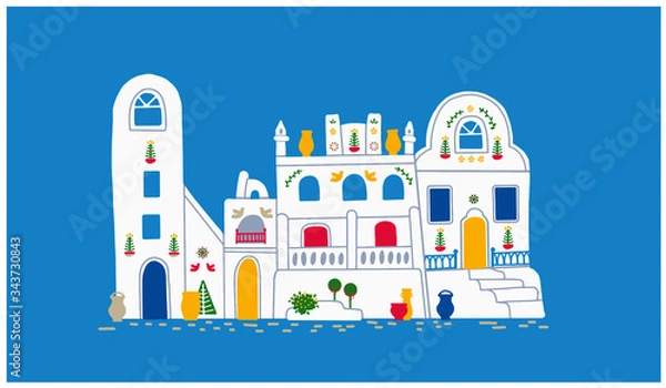 Fototapeta Santorini island tourism vector illustration in flat style. Simple illustration of beautiful buildings.