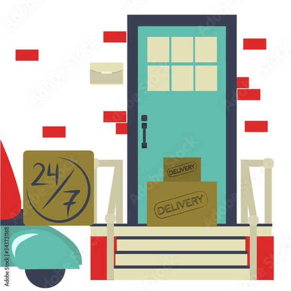 Fototapeta Contactless delivery concept.  
Food order in box near еntrance door and nobody.  Package on the steps by courier service. Vector illustration in flat style for safe delivery  foodstuff. 