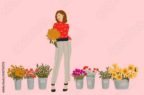 Fototapeta Beautiful woman with flowers. International women's day. Flat style vector design set stock vector. Illustration of set floral in buckets. Simple vector illustration.