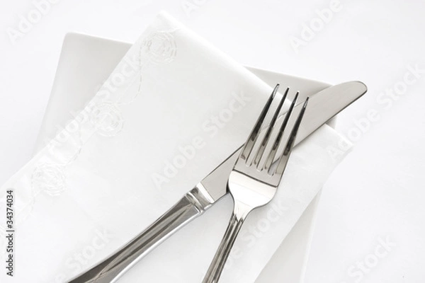 Obraz Fork, Knife and White Napkin Table Setting
