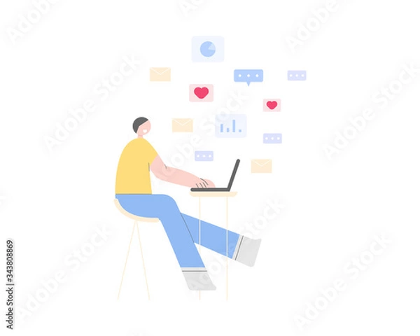 Fototapeta Work from home concept. A young man using laptop computer for work, chat, sending email. Smart working online. Home office workplace.