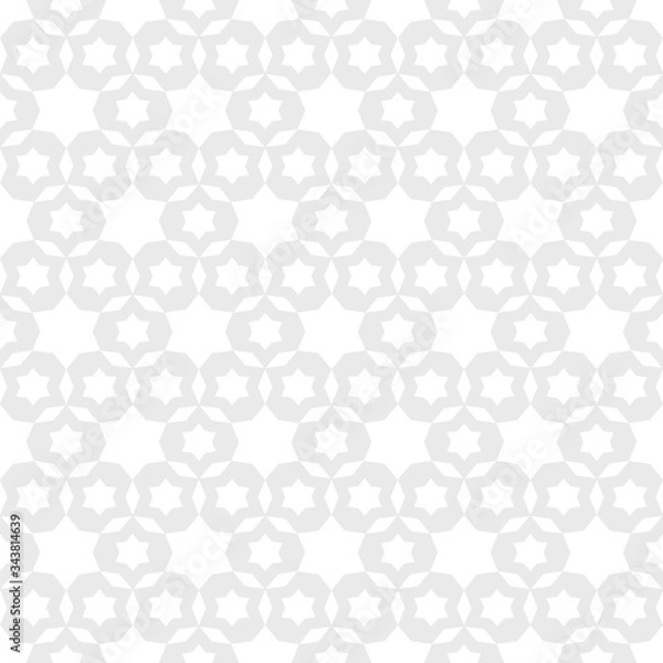 Fototapeta Vector geometric ornamental seamless pattern. Subtle texture with stars, floral shapes, grid, mesh, weave. Abstract background in white and light gray colors. Delicate repeat design for decor, prints