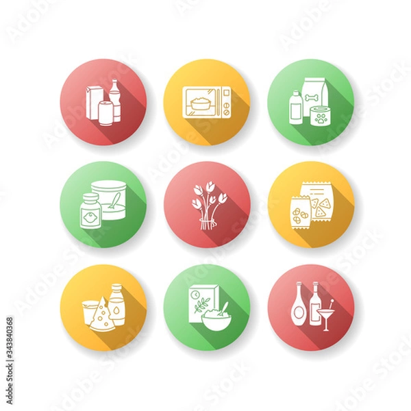 Fototapeta Grocery sections flat design long shadow glyph icons set