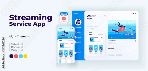 Obraz Streaming service app screen vector adaptive design template. Vlogging application day mode interface with flat characters. Live video broadcasting platform smartphone, tablet, smart watch cartoon UI.