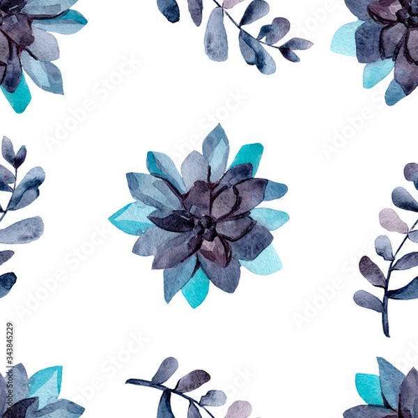 Fototapeta Floral pattern in blue tones on a white background. Seamless pattern of watercolor flowers of succulents. Colorful botanical print with leaves. Pattern for wallpaper, postcards, wrapping paper, textil