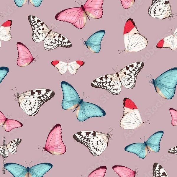 Fototapeta Vector pattern with high detailed tropic butterfly