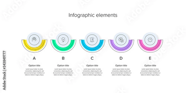 Fototapeta Business process chart infographics with 5 step circles. Circular corporate workflow graphic elements. Company flowchart presentation slide template. Vector info graphic design.