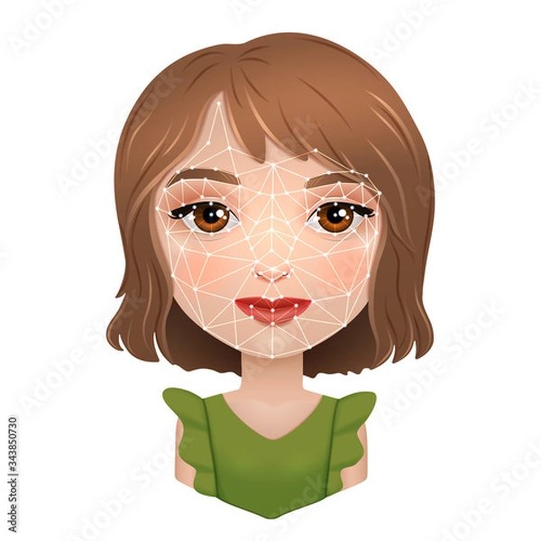 Fototapeta Facial recognition technology by the example of girl's face identification, vector illustration