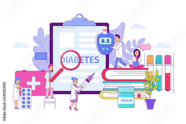 Obraz Diabetes clinical treatment concept, vector illustration. High blood sugar glucose test result, disease research. Doctor character control patient health by insulin injection and glucometr.