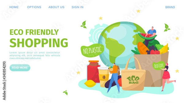 Fototapeta Eco life, friendly shopping and no plastic, vector illustration. Healthy lifestyle, save planet environment. Buy fresh food, fruit and vegetable in eco bag. Recycle organic product.