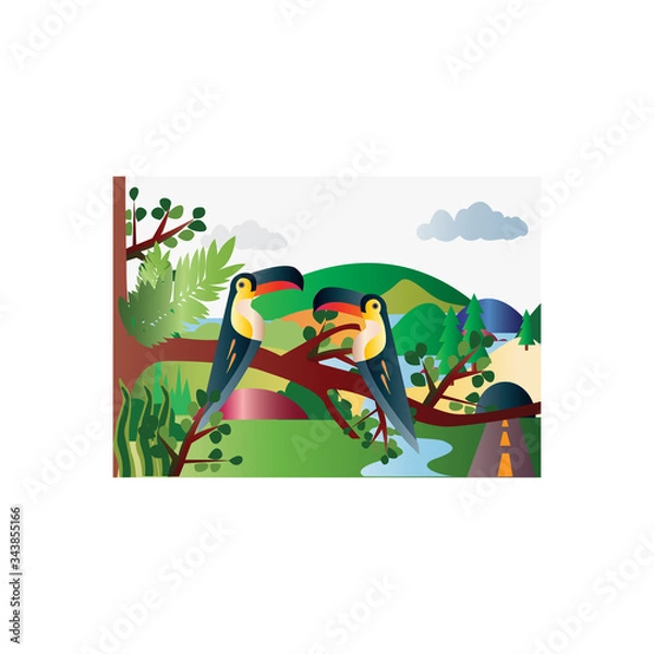 Fototapeta vector illustration of funny wildlife bird with river and mountain background.