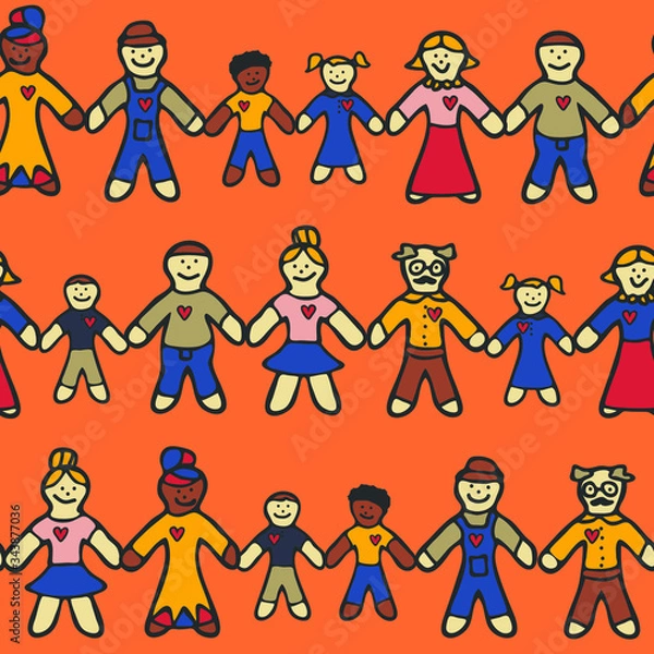 Fototapeta Seamless vector pattern with people holding hands in orange background. Be strong human love wallpaper design. We are strong together.