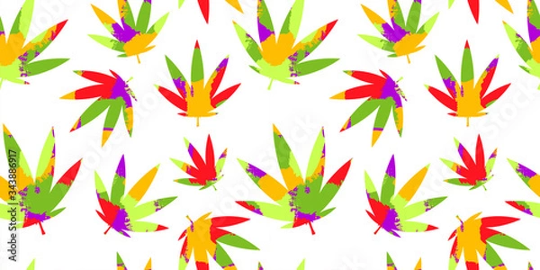 Fototapeta seamless pattern with textured cannabis leaves on white background