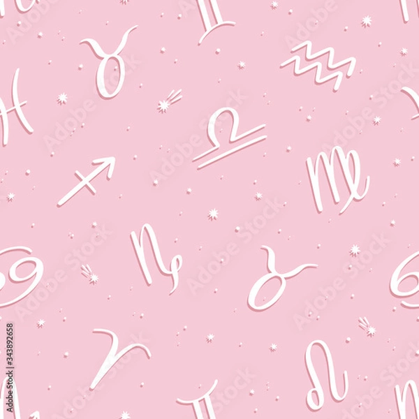 Obraz Seamless vector pattern with white zodiac signs on pink background. Space background.