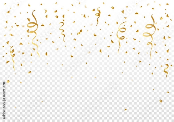 Fototapeta Gold serpentine and many glittering confetti elements fall down and scatter. Template for greeting card, birthday, sale and other design.