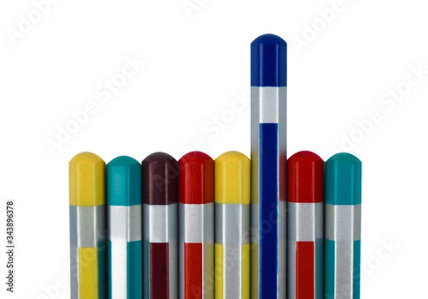 Fototapeta Eight color pencil of different color placed in a row in front of a white background