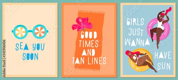Fototapeta Funny quote summer cards. Summertime holiday concept. Modern hand-drawn vector cards and trendy handwritten quotes. Greeting card templates. Women and pool rubber rings, sunglasses and hibiscus flower