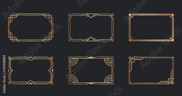 Obraz Art deco golden frames set. Line gold decorative borders isolated on black background. Vector illustration for vintage, decoration, antique design concept