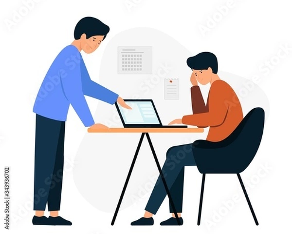 Obraz Father helps a tired child to do homework. A sad boy is sitting at a laptop.