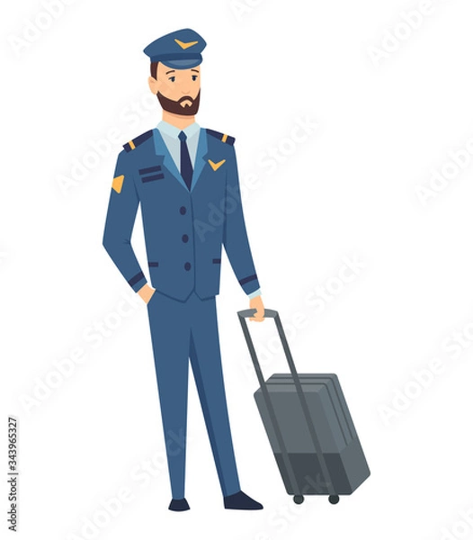Fototapeta Smiling civilian aircraft pilot, aircrew captain, aviator or airman dressed in uniform with suitcase. Cheerful male cartoon character isolated on white background. Colorful vector illustration