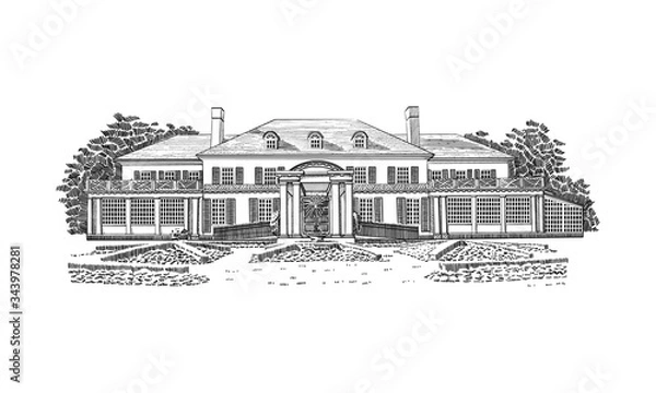 Fototapeta Vector illustration with Georgian style mansion, country estate. Historic Building with Hipped-roof Colonial Revival, with third-story dormers. In front of the house - beautiful formal gardens.