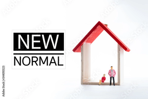 Obraz NEW NORMAL conceptual miniature people photography – a couple stay at home doing self-quarantine to avoid coronavirus