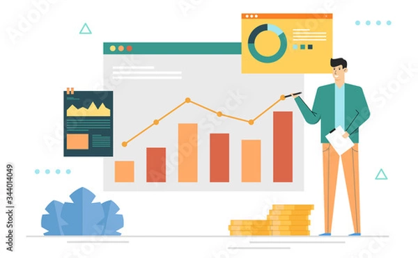 Fototapeta Checking information on the website,Employees are analyzing marketing data,Report data with graph and chart,Vector illustration banner background website landing page