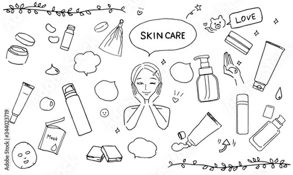 Obraz スキンケアアイテムとスキンケアをする女性のイラストセット