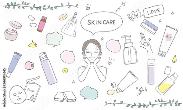 Obraz スキンケアアイテムとスキンケアをする女性のイラストセット