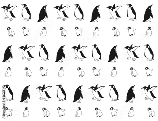 Obraz ペンギンの親子のイラスト総柄（モノクロ）