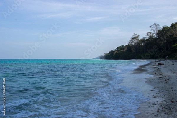 Fototapeta A side angle shot of clean Indian white sandy beach with Indian Ocean and clear blue sky