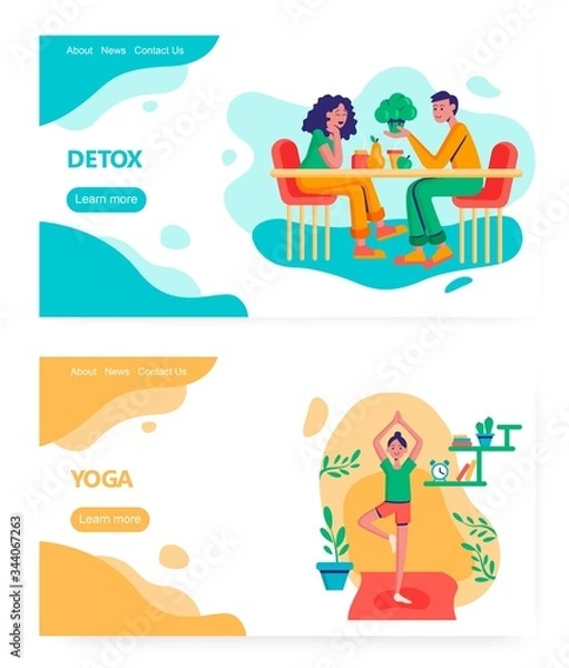 Fototapeta Vegetarian couple eat fruits and vegetables. Girl exercise and doing yoga at home. Concept illustration. Vector web site design template. Landing page website illustration.