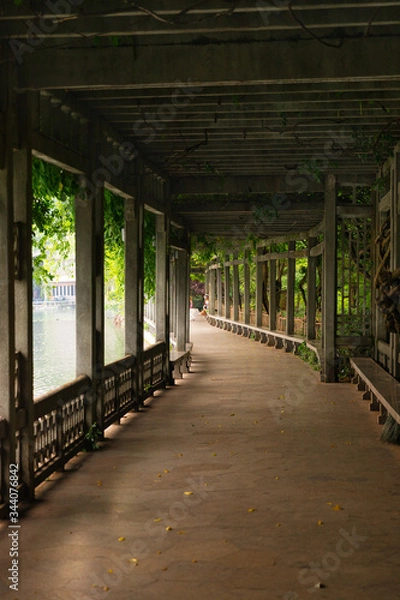 Fototapeta Walking path (footpath) by the water in West Lake gardens in Hangzhou, China