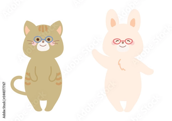 Fototapeta メガネをかけた猫とうさぎ