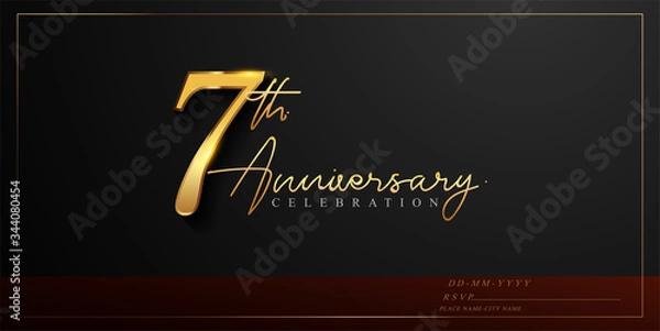 Fototapeta 7th anniversary celebration logotype with handwriting golden color elegant design isolated on black background. vector anniversary for celebration, invitation card, and greeting card