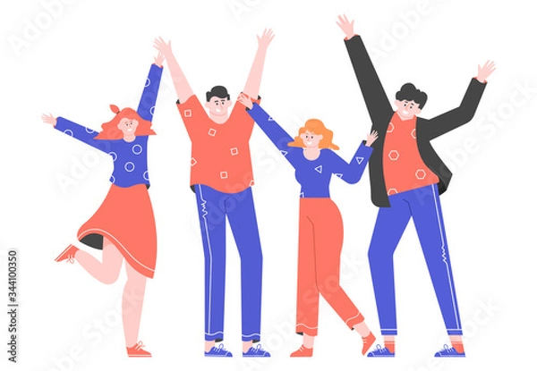 Obraz Group of happy people are standing together. Young men and women waving hands. Friendship and unity concept. Happy students isolated on white background. Flat vector illustration.